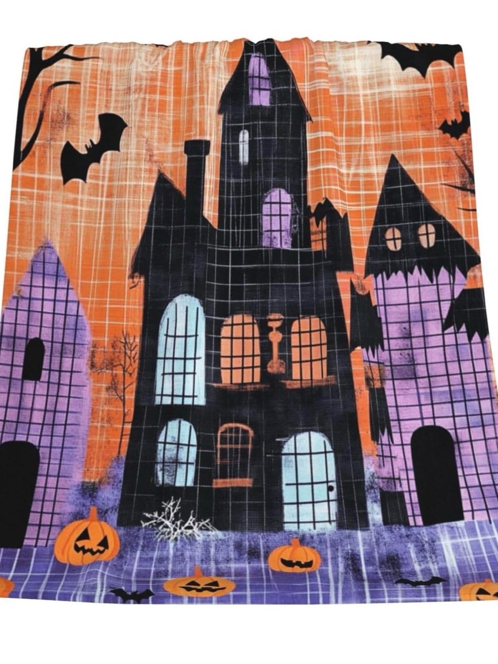 Halloween Haunted House Throw Blanket - Orange, Purple & Black Flannel 40”x50”